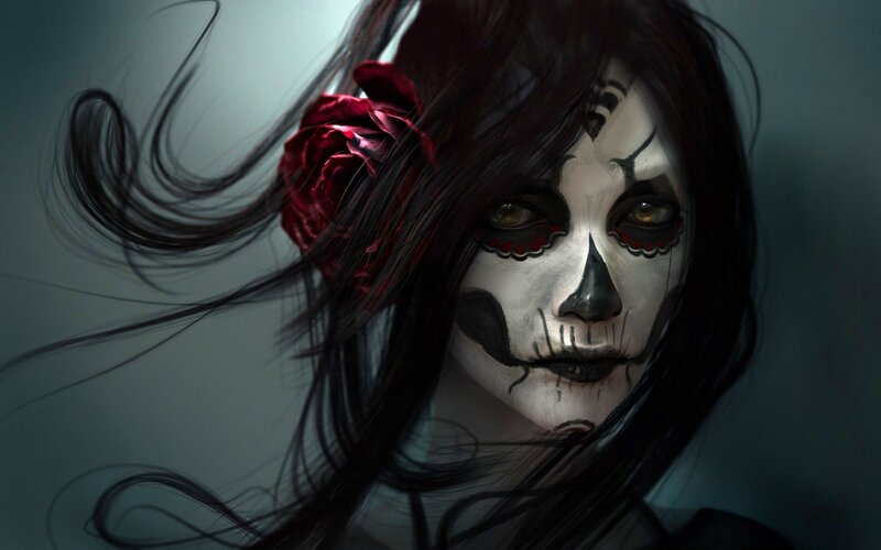 Woman with Skull Makeup — Black, Dramatic, Digital Art
