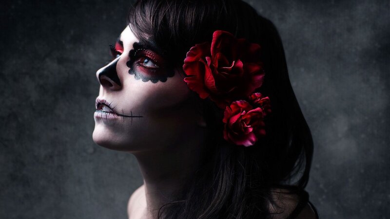 Woman with Skull Makeup — Black, Dramatic, Photograph, Red Roses