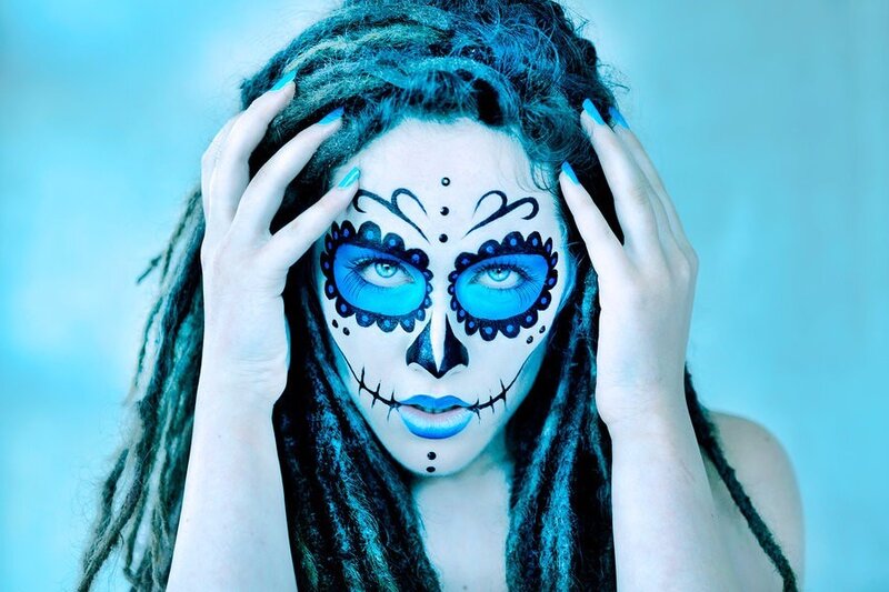 Woman with Skull Makeup — Blue, Dramatic, Photograph