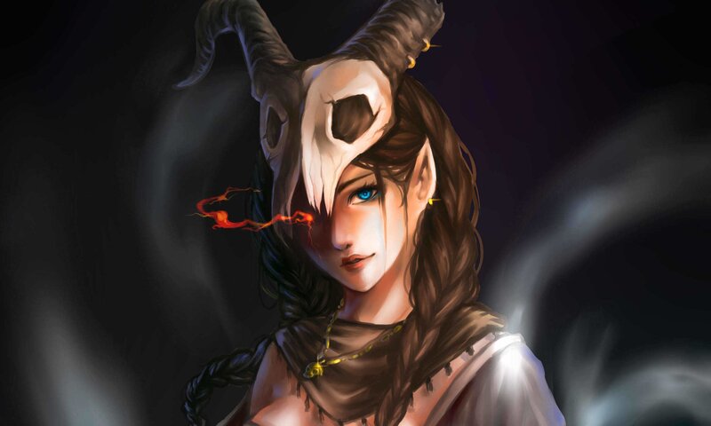 Woman with Skull Mask — Black, Dramatic, Night