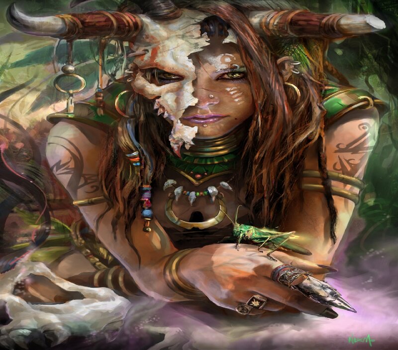 Woman with Skull Mask — Green, Dramatic