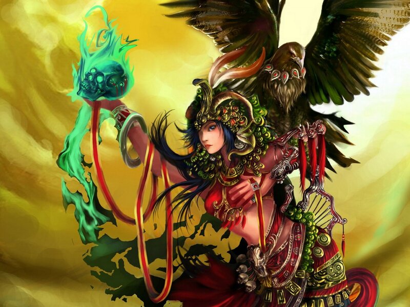 Woman with Skull Staff — Yellow