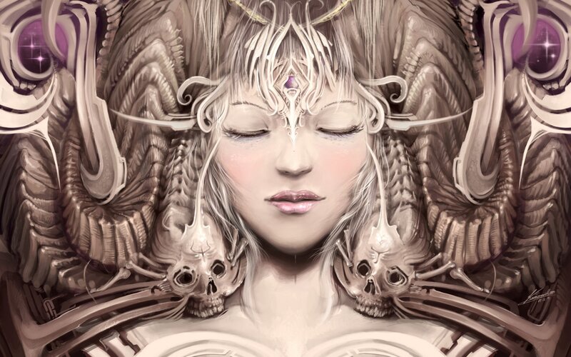 Woman with Skulls and Wings — Brown