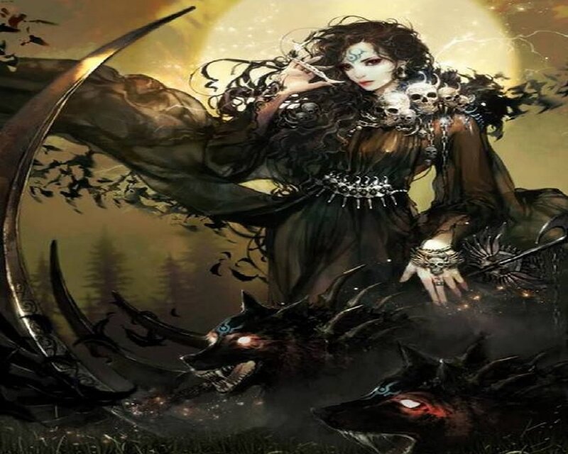 Woman with Skulls and Wolves