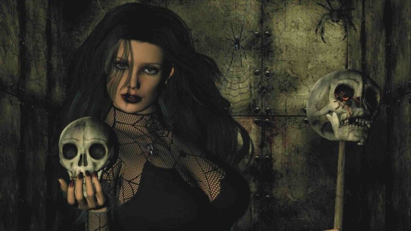 woman with skulls in dungeon
