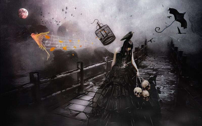 woman with skulls on a bridge