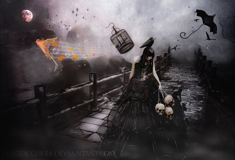 woman with skulls on a bridge
