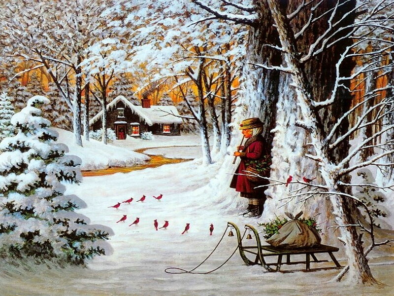 Woman with Sled in Snow — White