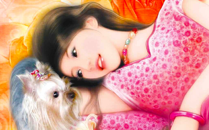 Woman with Small Dog — Pink, Calm