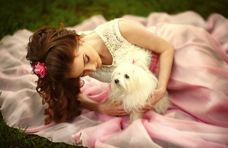 Woman with Small Dog — Pink, Serene