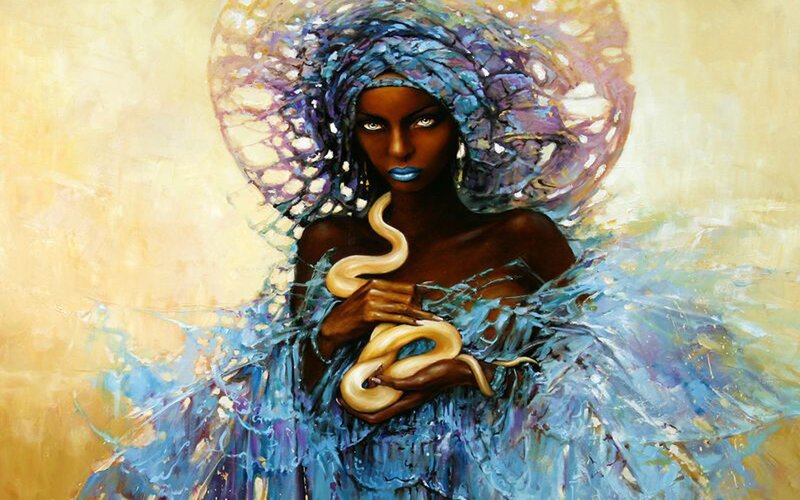 woman with snake and blue headwrap