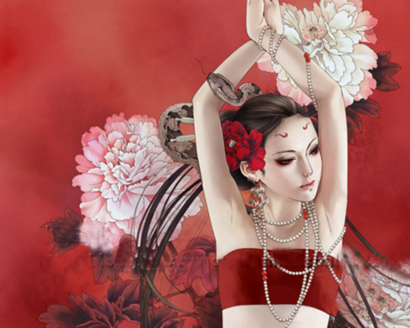 Woman with Snake and Flowers — Red