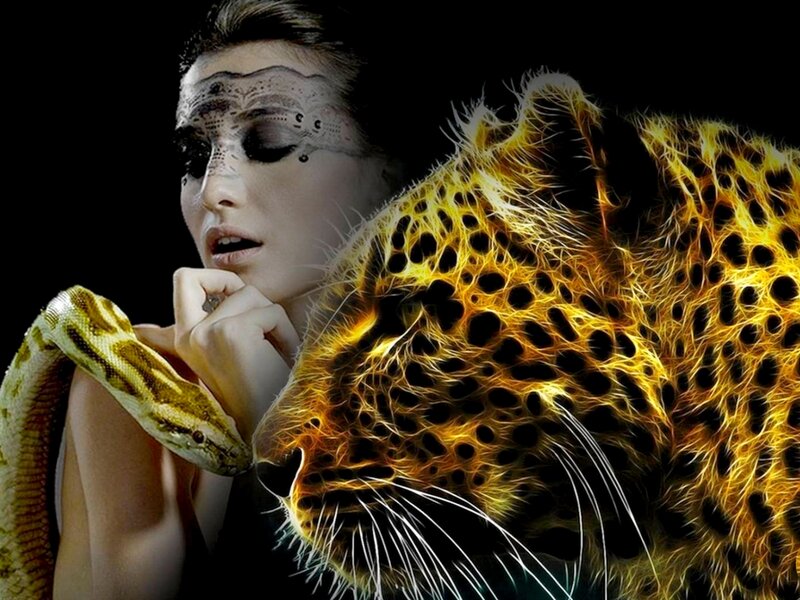 Woman with Snake and Leopard — Black