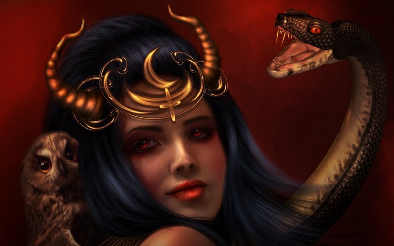 woman with snake and owl