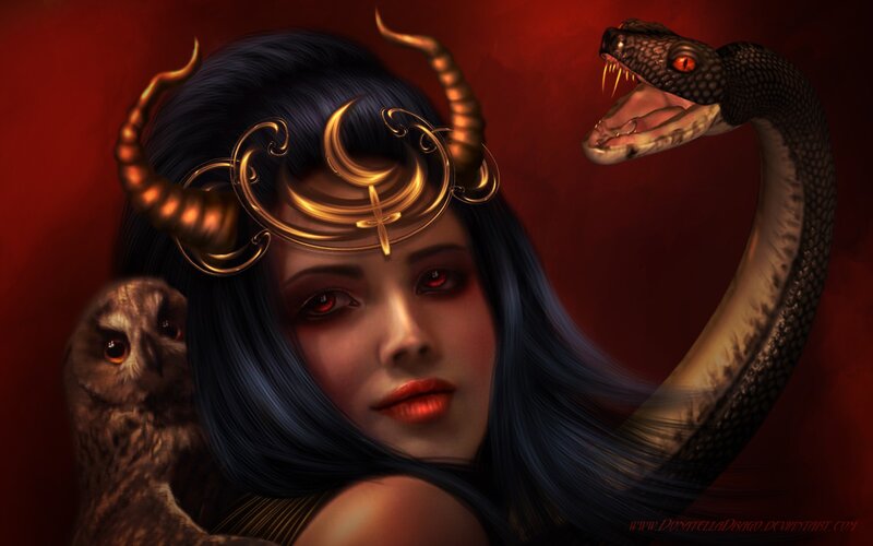 woman with snake and owl
