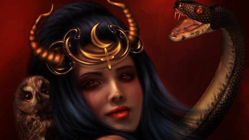 Woman with Snake and Owl — Red, Dramatic, Digital Art, Crown
