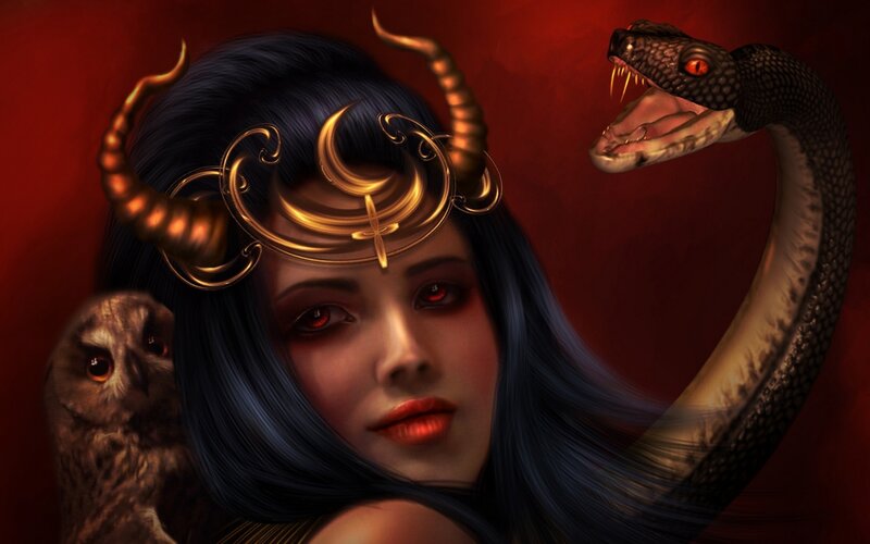 Woman with Snake and Owl — Red, Dramatic