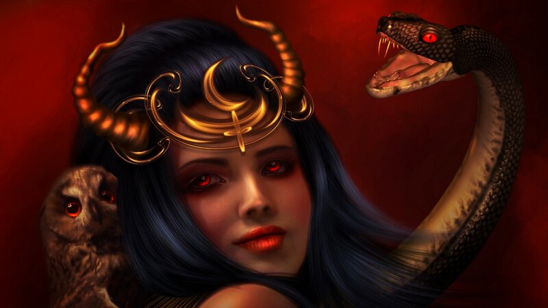 Woman with Snake and Owl — Red