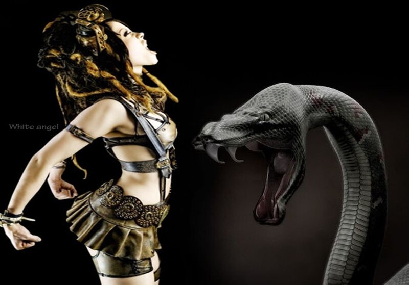 Woman with Snake — Black, Dramatic, Digital Art