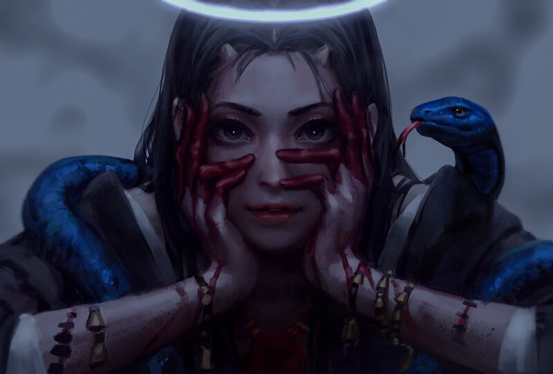 Woman with Snake — Blue, Dramatic