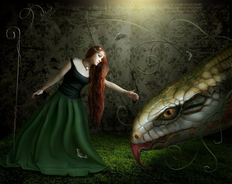 Woman with Snake — Green, Dramatic, Digital Art, Butterfly