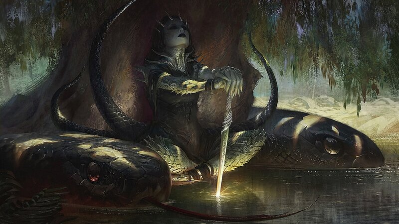 Woman with Snake — Green, Dramatic, Digital Art