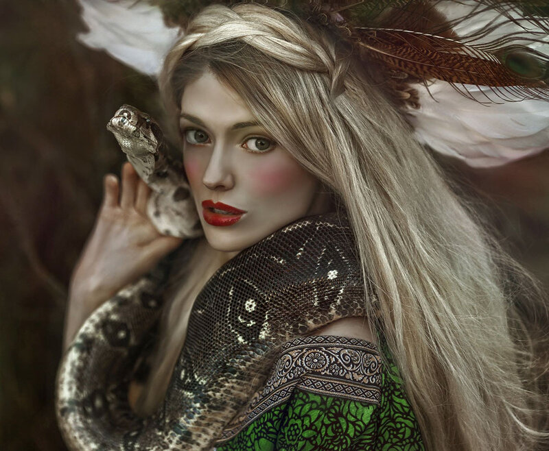 Woman with Snake — Green, Dramatic, Photograph, Feathers