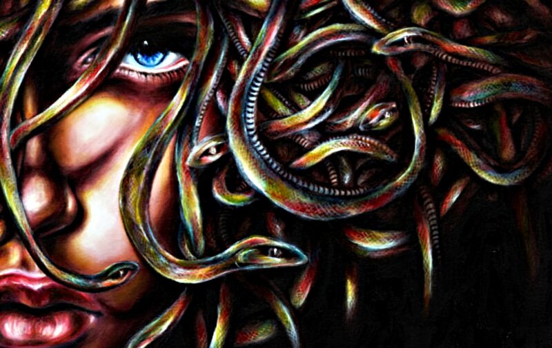 Woman with Snake Hair — Black, Dramatic, Digital Art