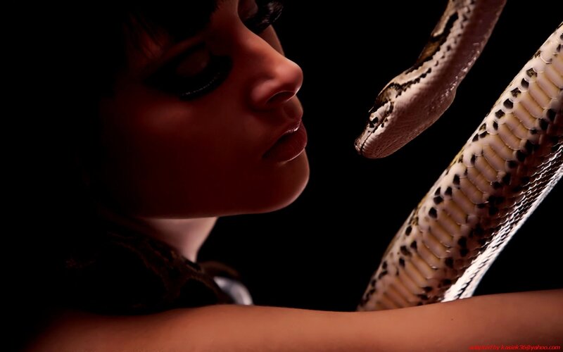 woman with snake in dark room
