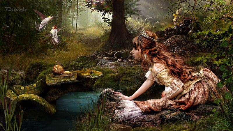 Woman with Snake in Forest — Green, Serene