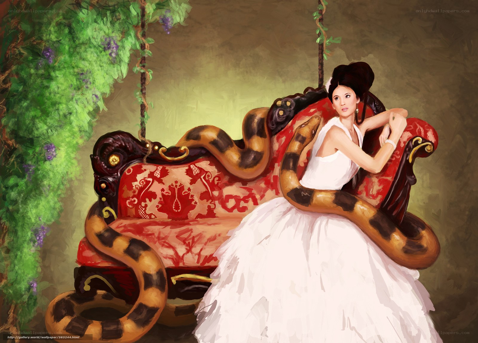 Woman with snake on a swing