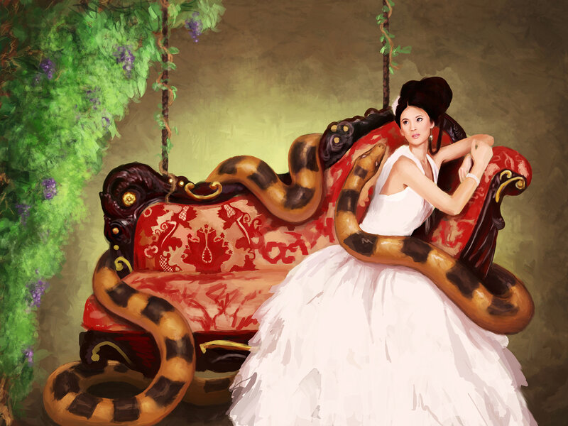 Woman with Snake on Couch — White, Dramatic