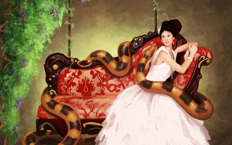 Woman with Snake on Couch — White