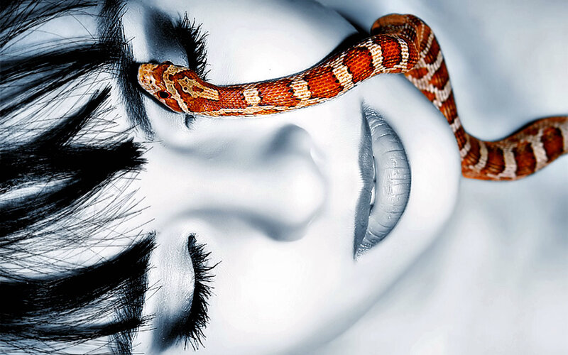 Woman with Snake on Face — White