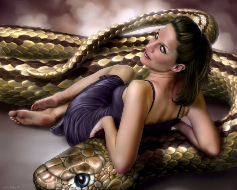 Woman with Snake — Purple, Dramatic, Digital Art, Dress, Bed, Gold