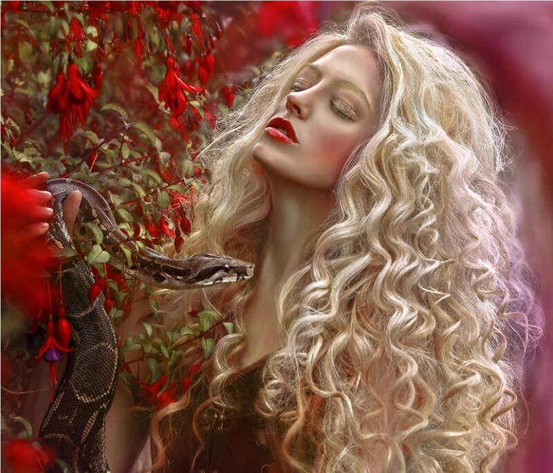 Woman with Snake — Red, Dramatic, Digital Art, Flowers