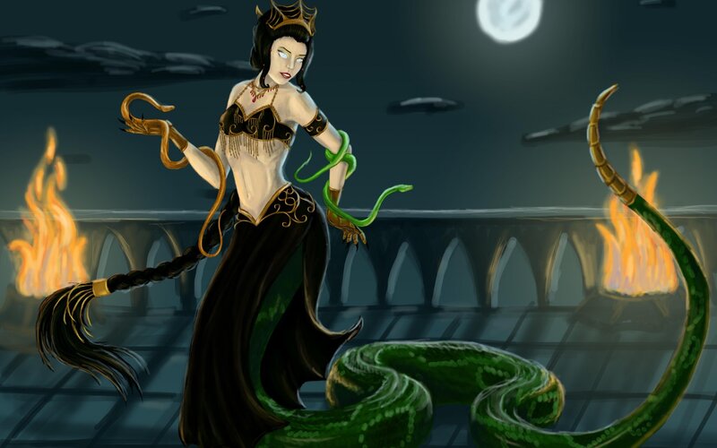 Woman with Snake Tail — Green, Dramatic, Night, Digital Art