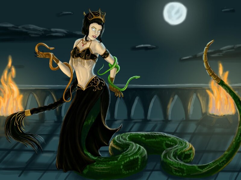 Woman with Snake Tail — Green, Dramatic, Night