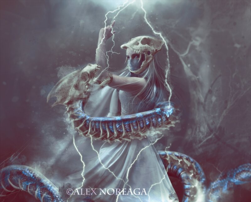 Woman with Snake — White, Dramatic, Digital Art