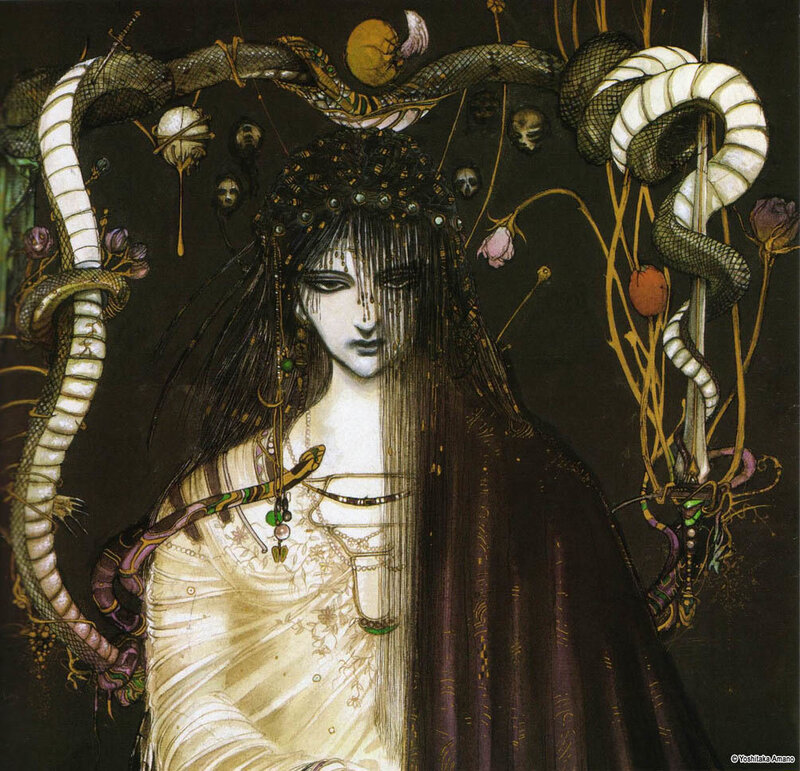 woman with snakes and skulls
