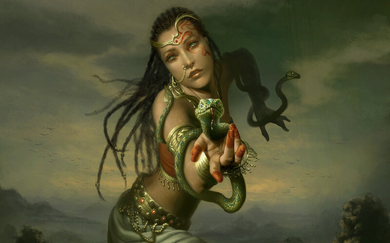 Woman with snakes and tribal adornments