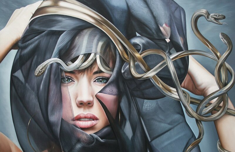 woman with snakes and veil