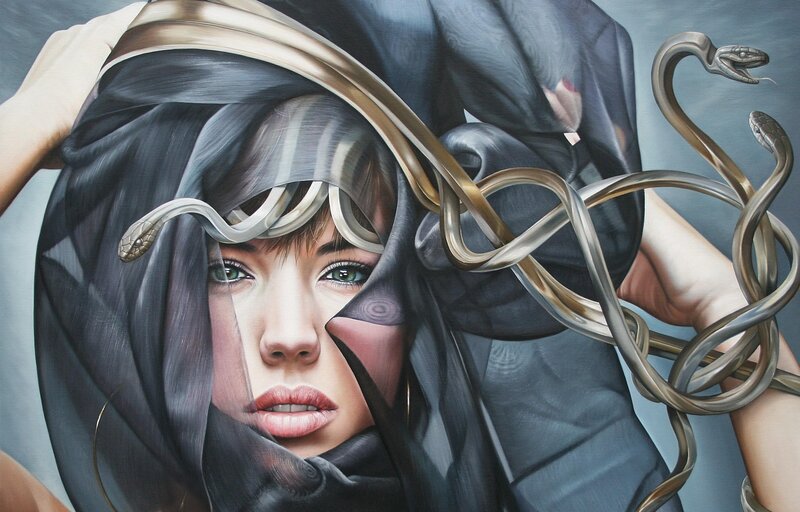 woman with snakes and veil
