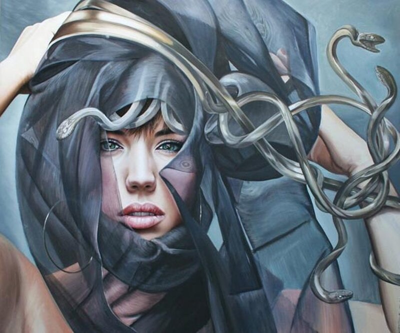 Woman with Snakes — Gray, Dramatic