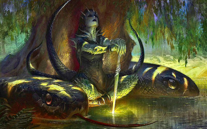 Woman with Snakes — Green, Dramatic, Digital Art, Sword