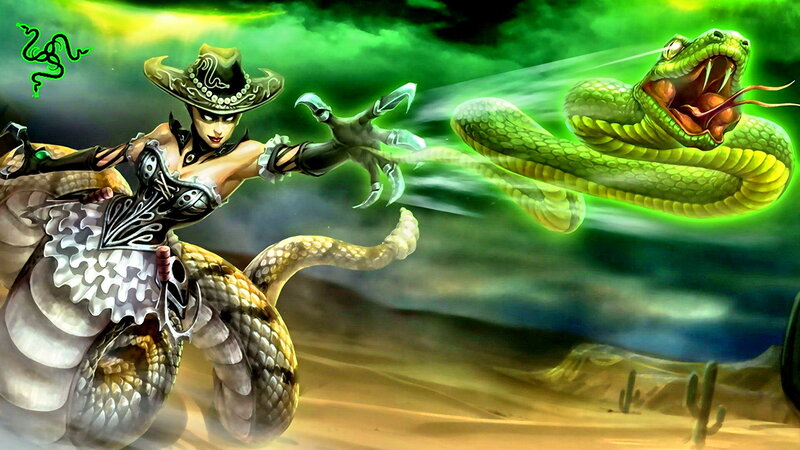 Woman with Snakes — Green, Dramatic, Night, Digital Art