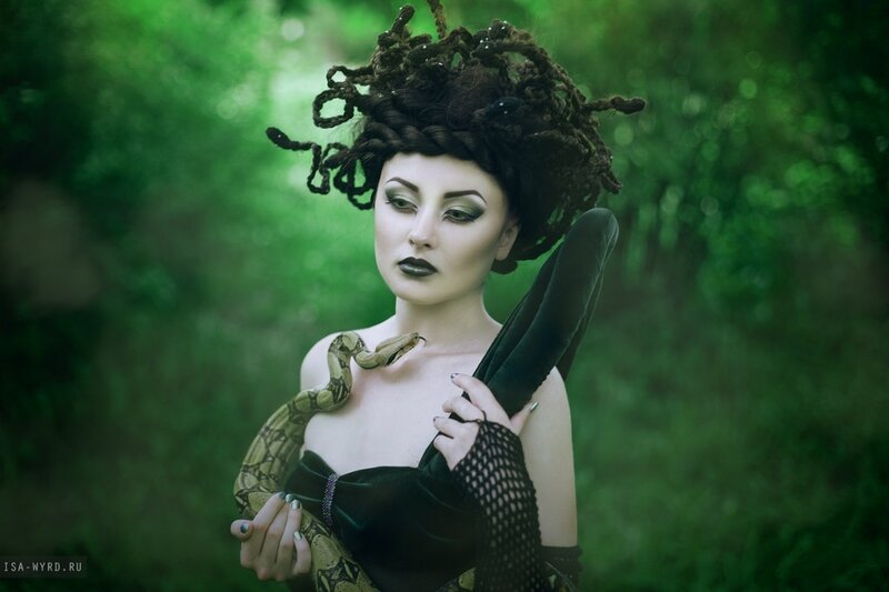 Woman with Snakes — Green, Dramatic, Photograph