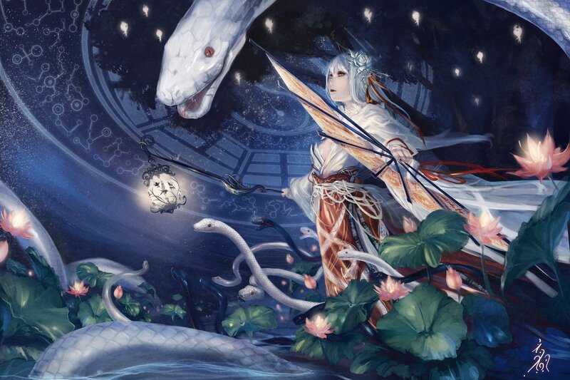Woman with snakes in a dreamlike scene