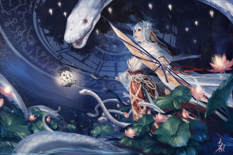 Woman with snakes in a dreamlike scene