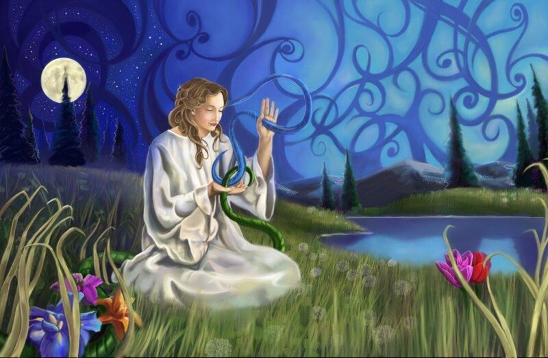 woman with snakes in a field